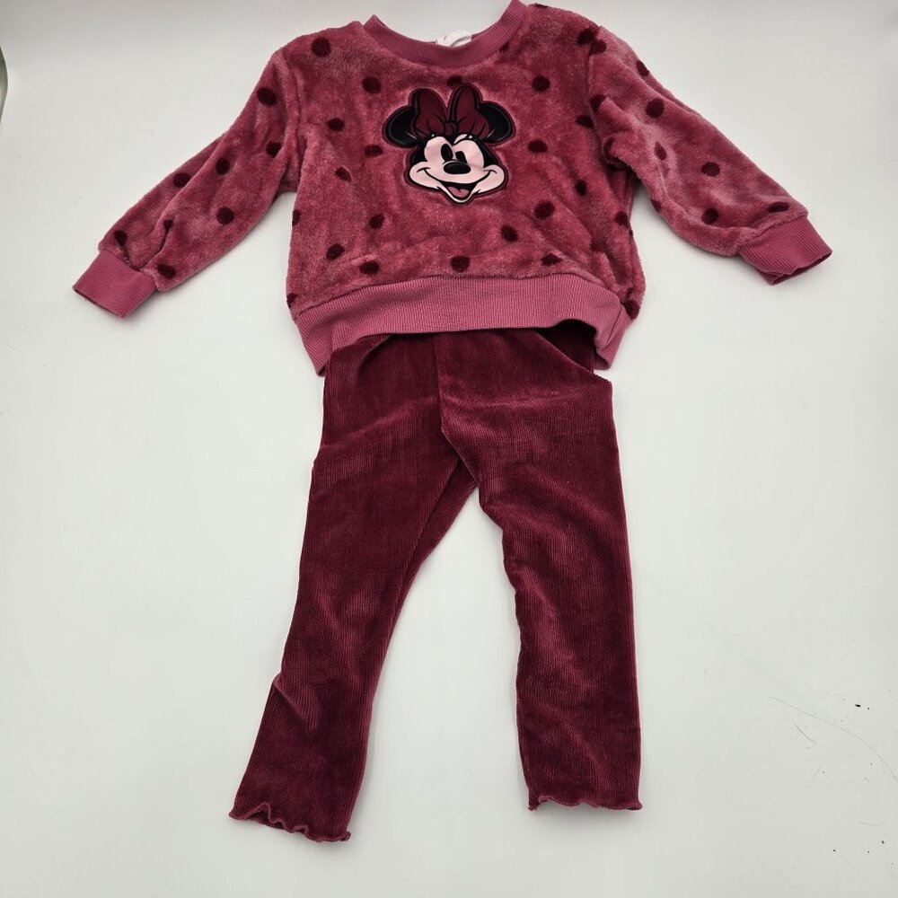 Disney Minnie Mouse 2-Piece Toddler Outfit 18M Pink Polka Dot Plush Top & Velour